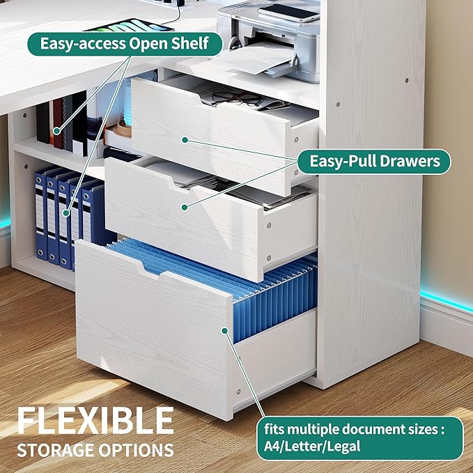 YITAHOME L Shaped Desk with Power Outlets 55 Computer Desk with Drawers &amp Bookshelf Home Office Desk with LED Lights Corner Desk with File Cabinet White