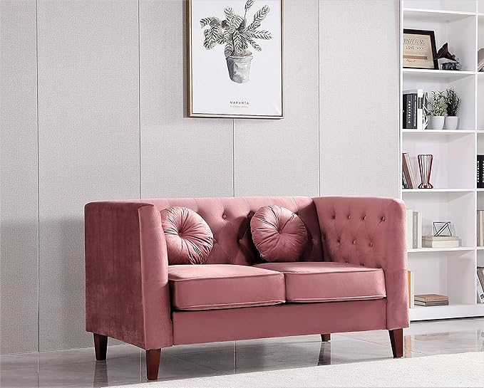 Kittleson Classic Chesterfield Velvet Loveseat Sofa with Elegant Button Tufted Backrest Square Legs High-Density Foam &amp Accent Pillows 2 Seater Couch for Living Room Love Seat Rose