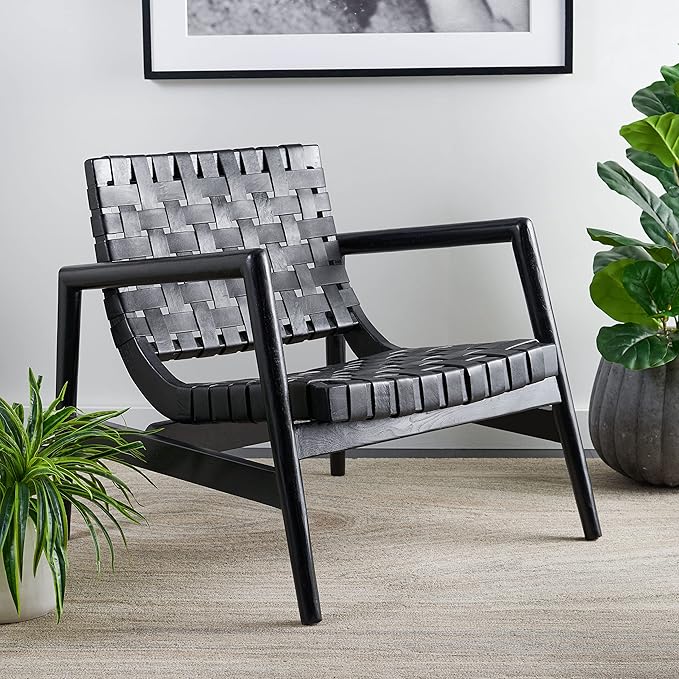 SAFAVIEH Home Collection Bellona Black Leather Woven Accent Chair (Fully Assembled)