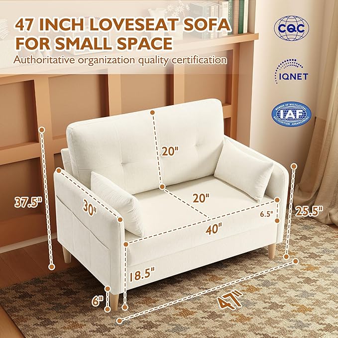 47 Small Sofa Couch Soft Chenille loveseat Mini Couch with Throw Pillow and Removable Cushion Cover for Small Spaces Bedroom Apartment Dorm Office Living Room(Beige)