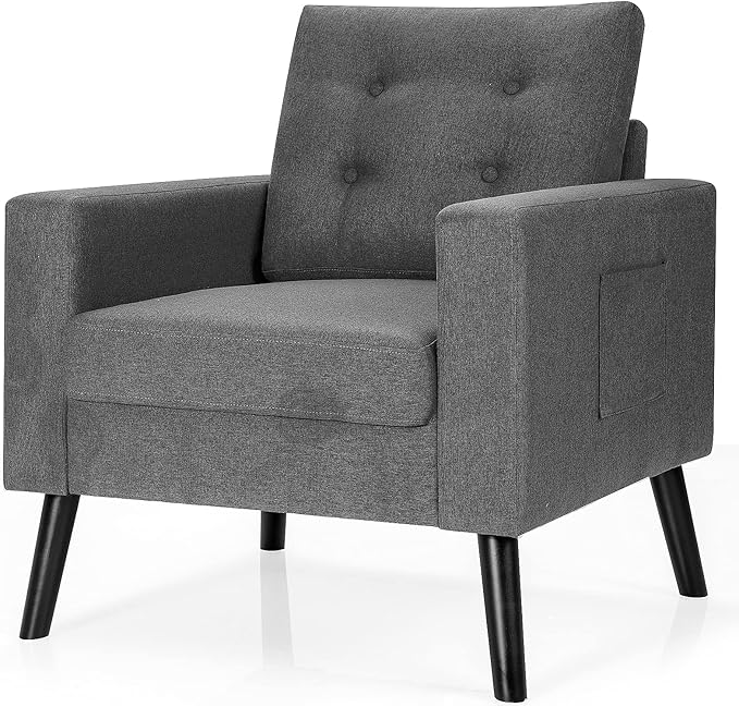 Giantex Modern Accent Chair Upholstered Living Room Chair Button Tufted Single Sofa Couch Bedroom Reading Guest Room Patented Linen Fabric Armchairs with Side Pockets and Wood Legs Gray