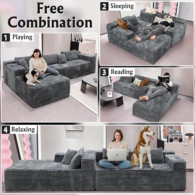 Boneless Modular Sectional Sofa Cloud Couch with Left Facing Chaise Oversized Deep Seat L-Shaped Soft Corduroy Fabric Sectional Couch for Living Room -Grey