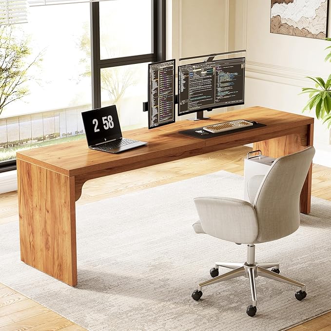 LITTLE TREE Two Person Desk 78.7 Inches Extra Long Computer Desk Wooden Brown Office Double Desk for 2 People Large Rectangular Writing Study Simple Desk Workstation for Home Office