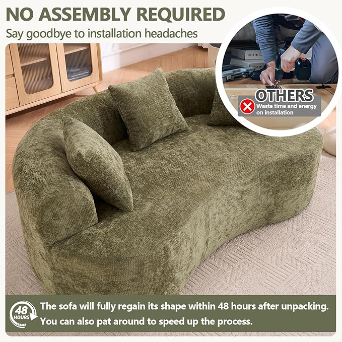 67” Green Curved Loveseat Sofa Luxury Plush Chenille Curved Couch with 3 Throw Pillows &amp Extra Wide Armrests Comfy Upholstered Oversized Loveseat Couch &amp Sofa for Small Spaces No Assembly N