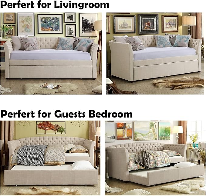 Rosevera Adrie Upholstered Twin Daybed with Tufted Button Daybed with Trundle Sofa for Living Room Bedroom Guest Room Beige Velvet