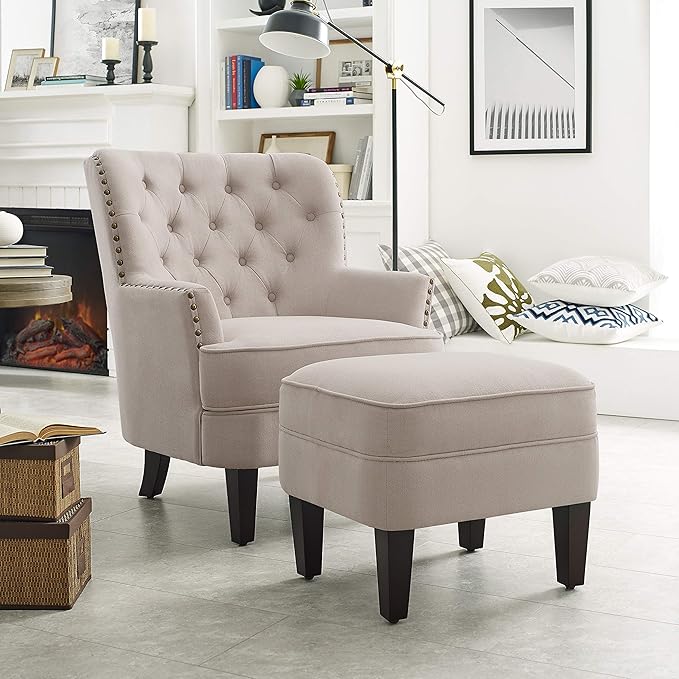 Rosevara McCarthy Accent Chairs with OttomanUpholstered ArmchairFabric Comfy Reading Seat Lounge for Living Room Bedroom ApartmentEasy Assembly Pearl Beige