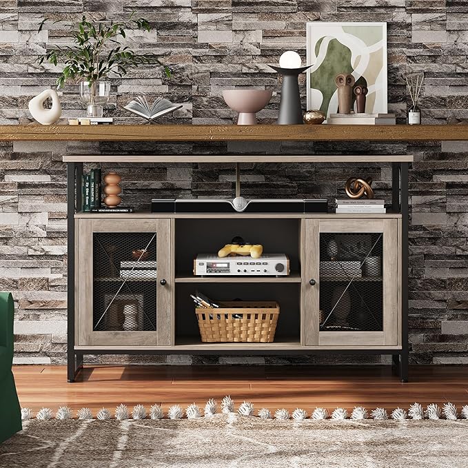 WLIVE TV Stand 55 inch TV Tall Entertainment Center and Industrial TV Console Cabinet with Storage for Bedroom Living Room Greige