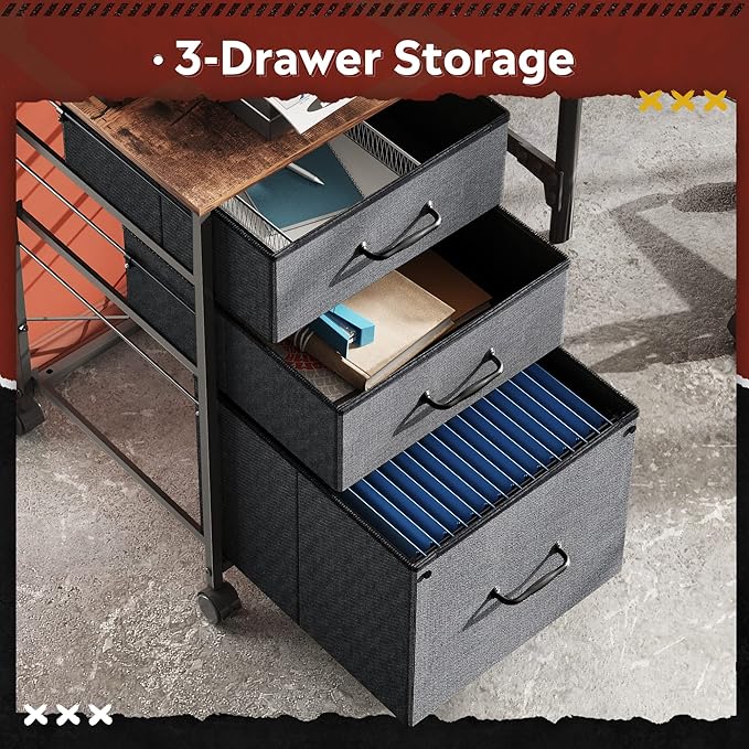 DEVAISE Mobile File Cabinet Rolling Printer Stand with 3 Drawers Fabric Vertical Filing Cabinet fits A4 or Letter Size for Home Office Rustic Brown
