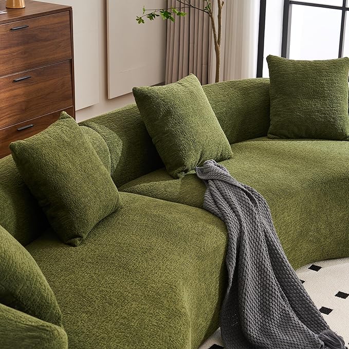 110 Curved Sectional Sofa for Living Room Modern Oversized Plush Chenille Cloud Round Deep Seat Compressed Boneless Couch with 4 Throw Pillows for Apartment No Assembly Needed Green