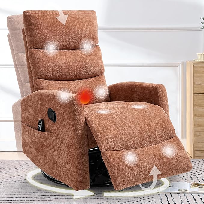 cinkehome Small Swivel Rocker Recliner Chair with Heated Massage Upholstered Nursery Glider Recliner Chair High Back Side Pocket (Orange Chenille Fabric)