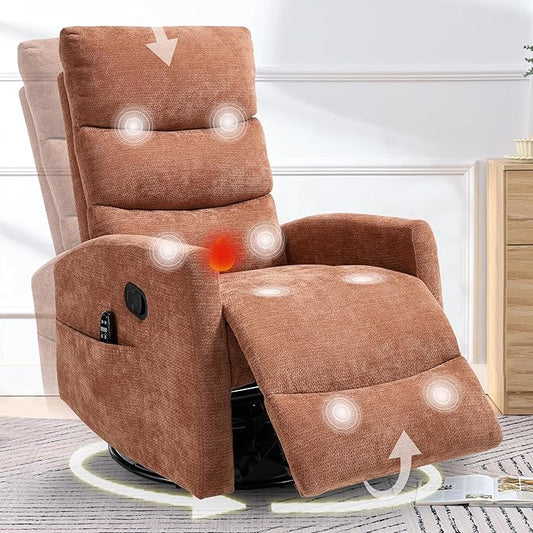 cinkehome Small Swivel Rocker Recliner Chair with Heated Massage Upholstered Nursery Glider Recliner Chair High Back Side Pocket (Orange Chenille Fabric)