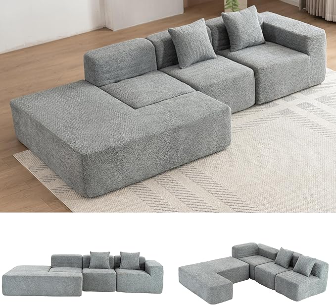 Merax 116.5 Minimalist Cloud Sectional Couch with L-Shape Chaise Gray Modern Modular Sofa with Deep Seat Convertible 4 Seat Sleeper Couches Set for Living Room No Assembly Required Grey