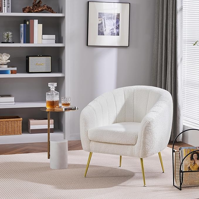 Yaheetech Accent Chair Modern Cozy Vanity Chair with Gold Metal Legs Boucle Fabric Armchair with Removable Seat Cushion for Living Room Bedroom Office Guest Room Ivory 2 pcs