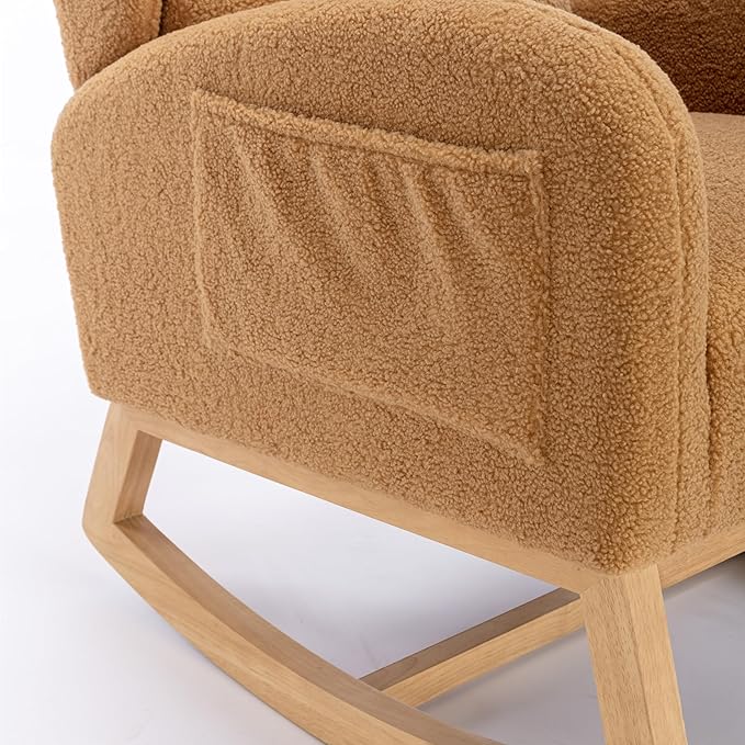 Setawix Teddy Rocking Glider Chair for NurseryUpholstered Living Room Rocker Arm ChairLeisure Sherpa Wingback ArmchairMid Century Modern Rocking Accent Chair with Side Pockets (Wingback Khaki)