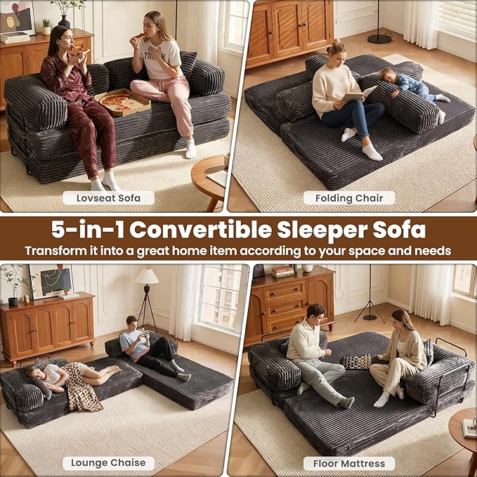 ovios 81 Folding Sofa Bed Foldable Sleeper Boneless Couch with Pull Out Beds Modular Convertible Floor Futon Loveseat Lounger for Living Room (Faux Fur Grey)