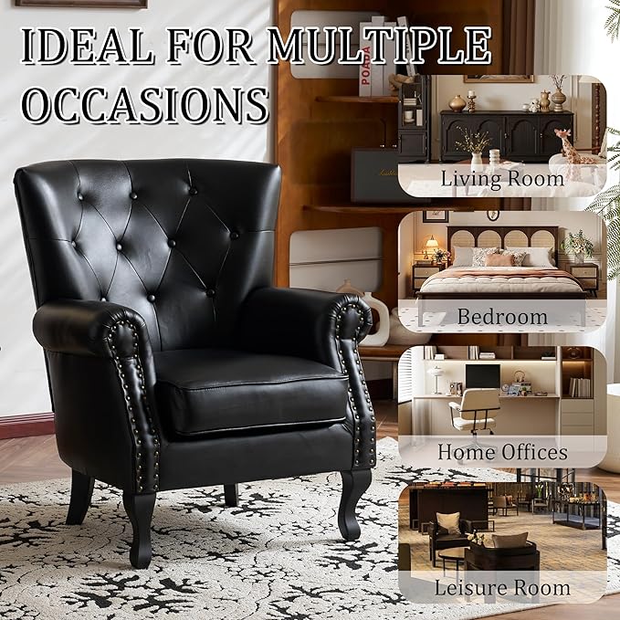Modern Faux Leather Accent Chair Upholstered Mid-Century Armchair with Solid Wood Legs Single Sofa Chair for Living Room Bedroom or Reading Room（Black）