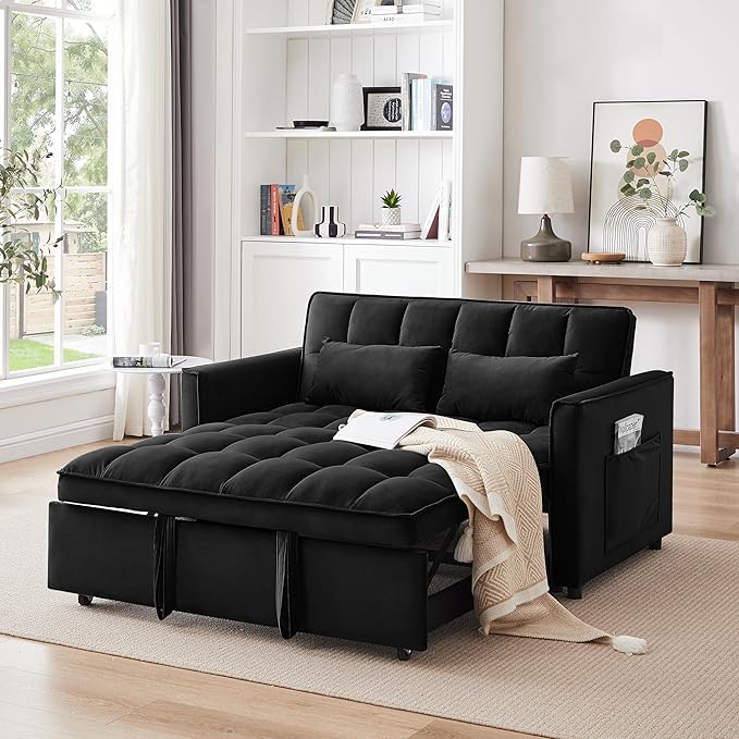 3 in 1 Convertible Sleeper Sofa Bed 55 Pull Out Couches Modern Loveseat Sleeper Sofa with Adjustable Reclining Backrest &amp Side Pockets for Living Room Velvet Fabric Classic Black