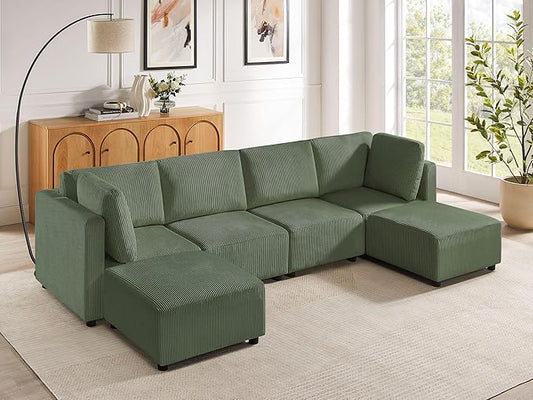 U Shaped Modular Sectional Sofa with Ottomans 123.6 Corduroy Sectional Sofa with Chaise 6 Seater Convertible Modular Sleeper Sofa Bed Free Combination Couch for Living Room Apartments