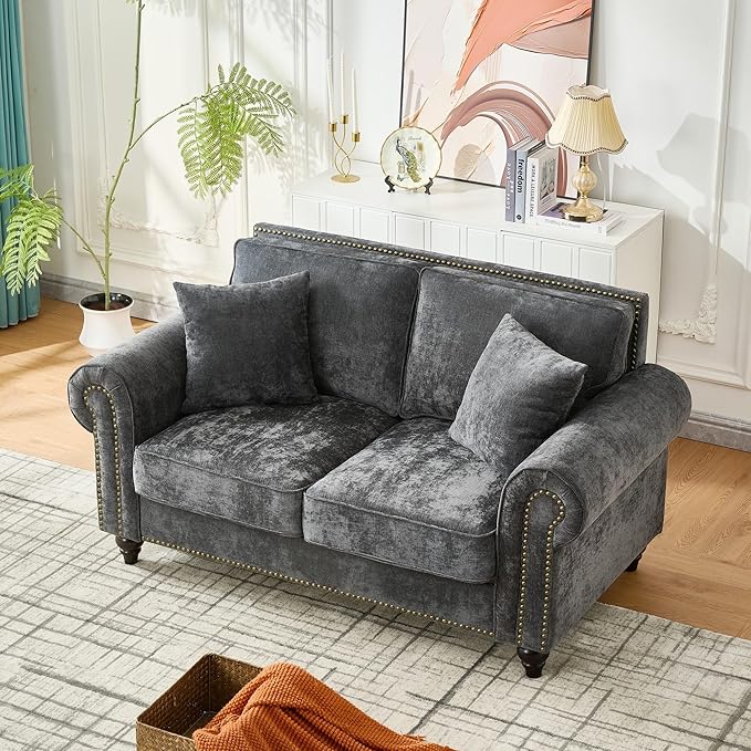 KEIKI 64 Oversized Chenille Loveseat Sofa with Rolled Arms and Nailhead Trim Upholstered Modern Style 2-Seater Couch with High-Density Foam Cushions Easy Assembly for Apartment Living Room Grey