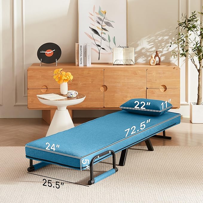 Foldable Chair Bed Comfortable Convertible Sofa Bed 5 in 1 Foldable Bed with 5 Adjustable backrests and Pillows Suitable for Comfortable Cushion Chair in The Office. (Blue+Linen+1Seat)
