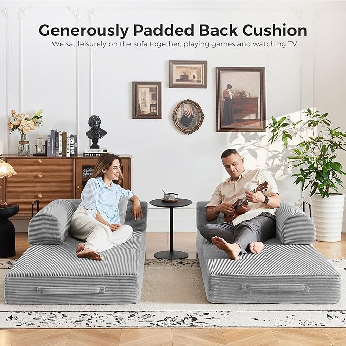 79'' Convertible Sofa Bed 5-in-1 Folding Corduroy Sleeper Couch with Pull Out Bed Oversized Modular Floor Sofa No Assembly Space-Saving Guest Bed for Apartment Living Room Bedroom (Light Gray) | C