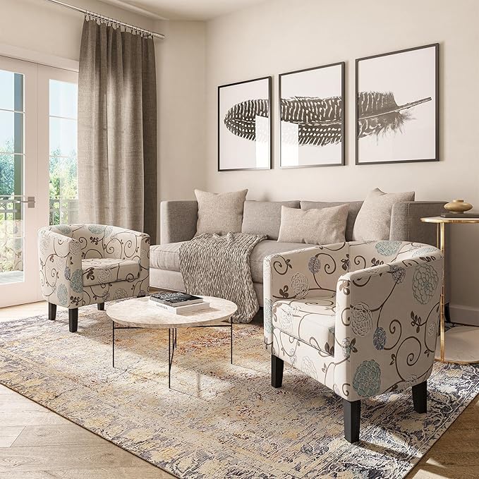 BELLEZE Living Room Chair Linen Round Accent Barrel Chair Club Tub Sofa Chair for Bedroom Corner Chair with Flared Legs and Cozy Soft Padding - Highland (Floral Print)
