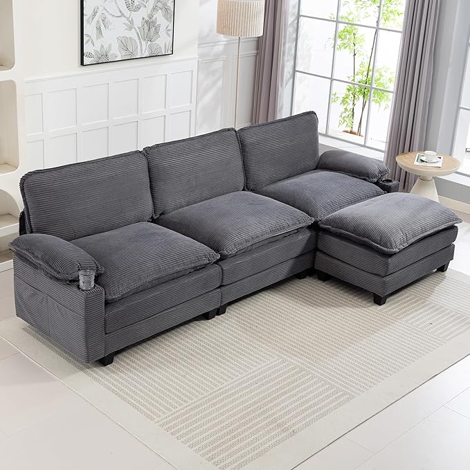 113 Cloud Sectional Couch Modular L Shaped Sofa with Movable Ottoman Comfy Corduroy Deep Seat Sofa with Cup Holders Storage Bags Couches for Living Room