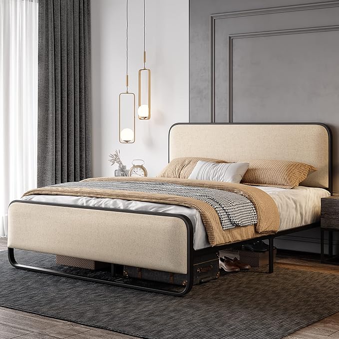 SHA CERLIN Queen Size Platform Metal Bed Frame with Curved Upholstered Headboard and Footboard Large Under Bed Storage No Box Spring Needed Modern Beige