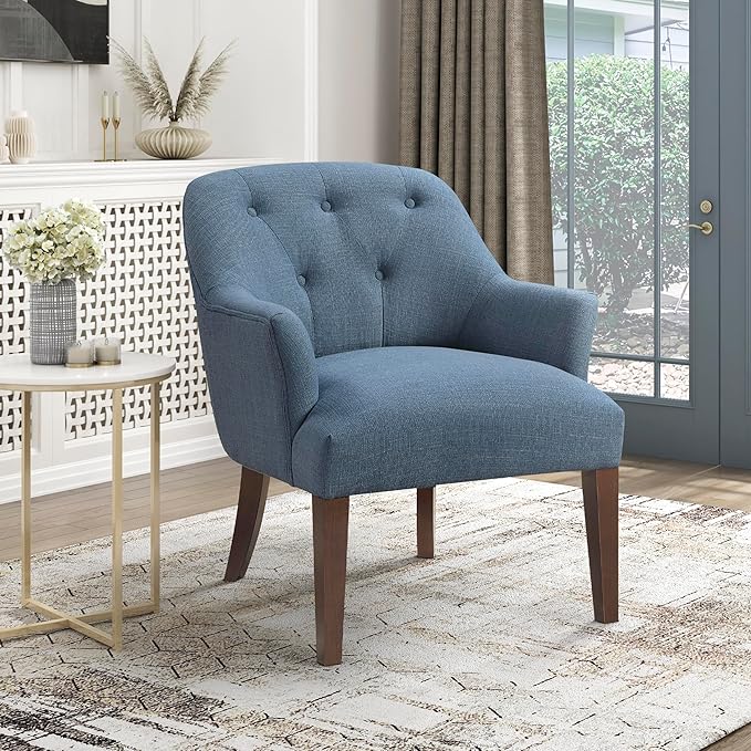 Lexicon Modern Accent Chair Textured Fabric Upholstered Arm Chair with Button Tufted Back Sloped Flared Arms and Wooden Legs for Living Room/Bedroom Blue