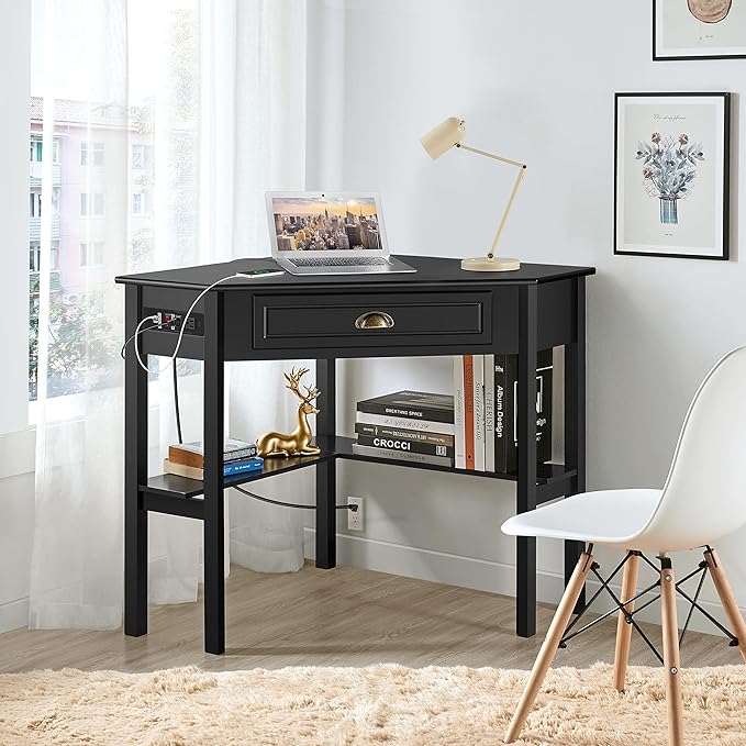 Yaheetech L Shaped Computer Desk Corner Table with Charging Station Outlets for Small Space 90 Degree Triangle Desk Home Office Table with Drawer and Storage Shelf for Workstation Living Room Black