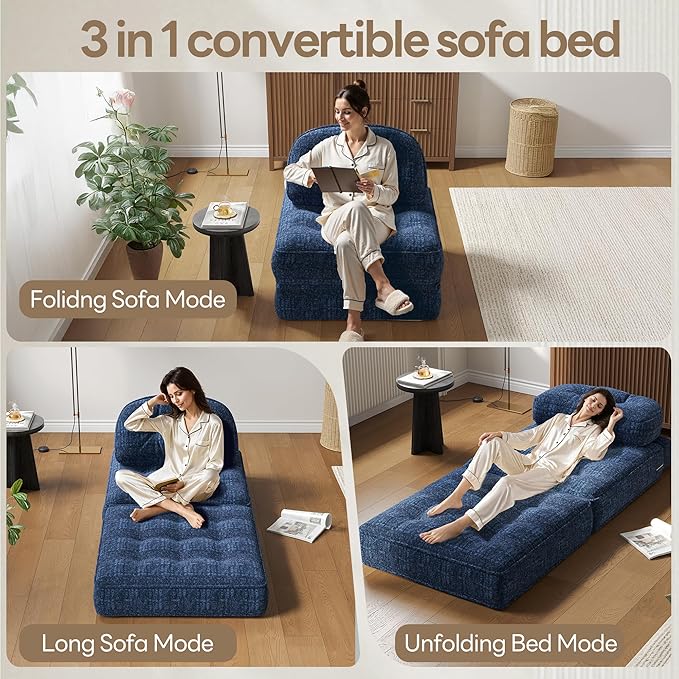 Dowinx Folding Sofa Bed with Pillow Convertible Comfy Couch Bed for Adults Home Lounge and Gaming Modern Comfortable Design for Apartment Living Room Bedroom Single Smooth Velvet Blue