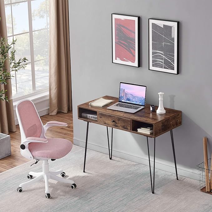 VECELO 39.3 Home Office Work Table with DrawersComputer Desk with Hairpin Leg for Writing/StudyRustic Brown