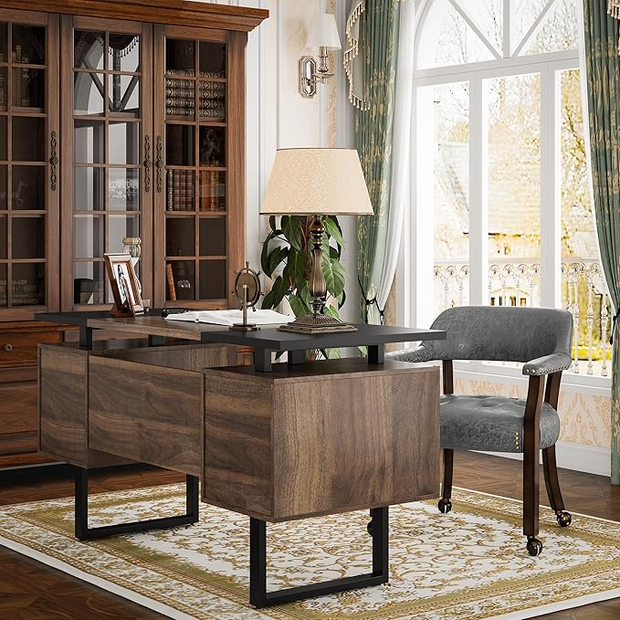 Computer Desk with Drawers 59 L Contemporary Home Office Laptop Desk with Floating Desktop and 4 Storage Drawers Vintage Study Gaming Table with Metal Frame Black &amp Walnut CTSZ20401WACM