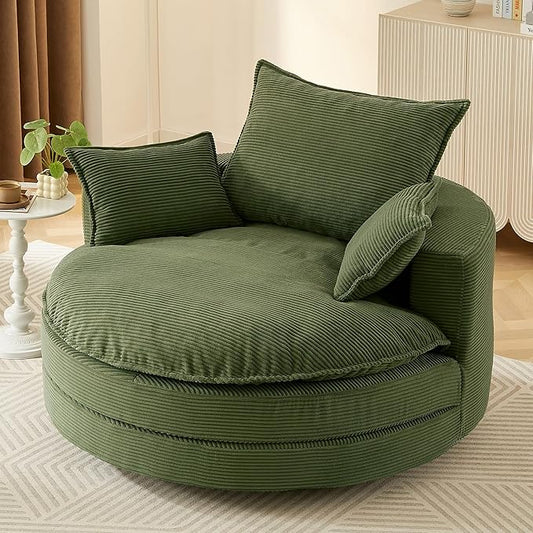 Merax 360° Swivel Sofa Chair 57.5 Swivel Accent Barrel Chair with Dual-Layer Cushion Design Modern Corduroy Leisure Sofa Round Chaise Lounge with 3 Removable Pillows for Living Room Bedroom