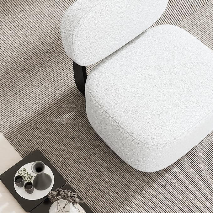 BELLEZE Modern Sherpa Accent Chair with Rubber Wood Base Upholstered Bouclé Soft Chair Low-Profile Single Sofa Chair with Flat Backrest Cozy Living Room or Bedroom Chair White