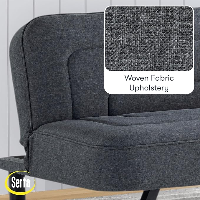 Serta Fairwood 66.1 Convertible Futon Sofa Short Twin Size Modern Boho Dream Coil Comfort Fingerguard Pinch Point Protection Soft Woven Polyester Fabric Charcoal