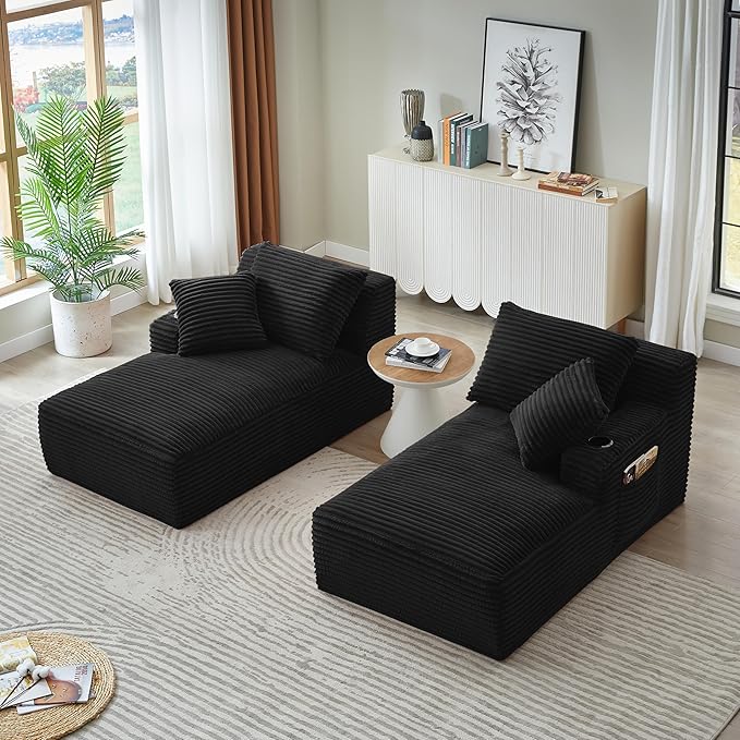 KEIKI Compressible Double Chaise Lounge with Cupholders Fluffy Corduroy Sleeper Loveseat for Living Room Relaxation Boneless Chaise Lounge Indoor with Spring Padding No Assembly Required