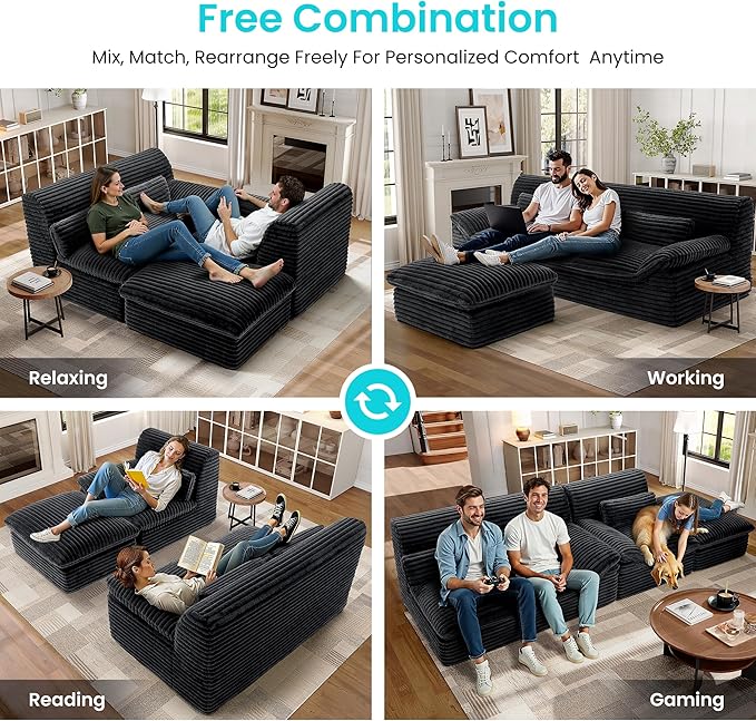 Modular Sectional SofaBoneless Couch for Living Room3 Seat L-Shaped Cloud Sectional Couch with Double-Layer Thickened Deep SeatComfy Corduroy Fabric Sofa Bed72h ReboundGrey