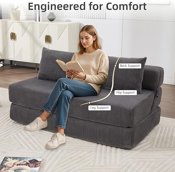 GNIXUU Fold Out Couch 3-in-1 Convertible Futon Sofa Bed with 2 Pillows Corduroy Foldable Floor Chair Boneless Loveseat Couches for Living Room Bedroom Small Spaces Gray