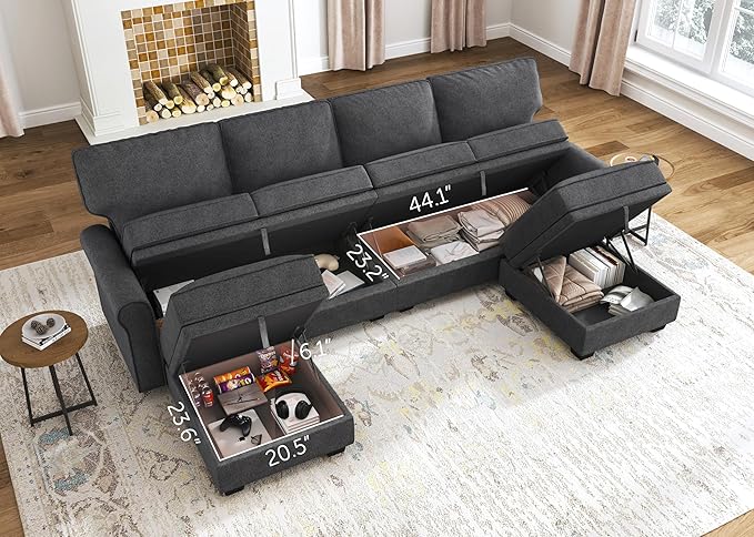 HONBAY Sectional Sofa with Storage Seat U Shaped Sectional Couch with Reversible Chaise Convertible Sectional Couches for Living RoomDark Grey