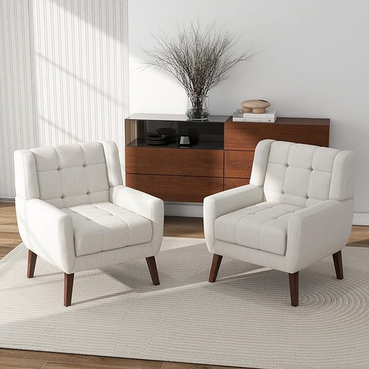 Accent Chair Comfy Mid Century Modern Small Armchairs with Solid Wood Frame and Soft Cushion for Living Room Bedroom (Fabric Beige Set of 2)