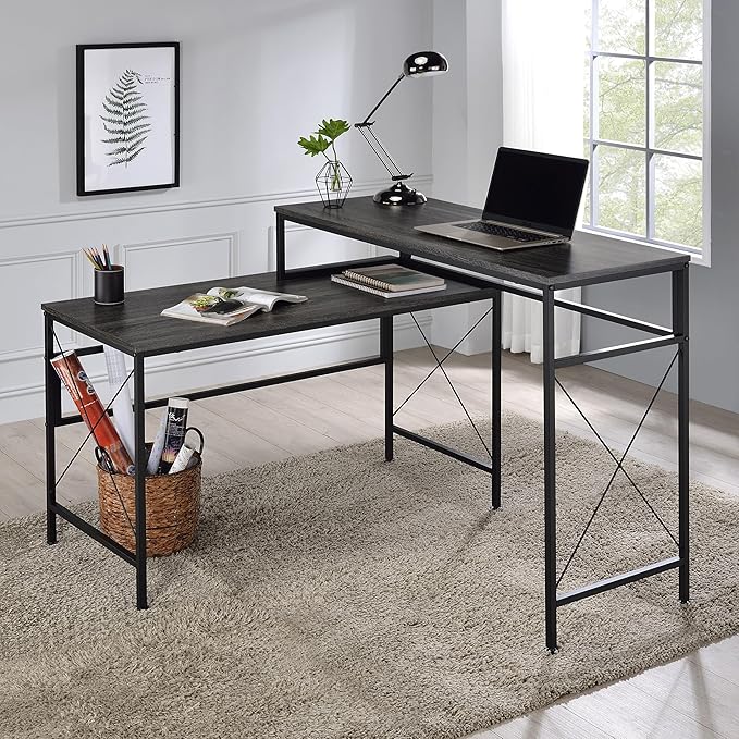 HOMES: Inside + Out Roncaster Industrial L-Shaped Metal 51 in. Writing Desk with USB Port and Electrical Outlet for Home Office Study Room Gray and Black