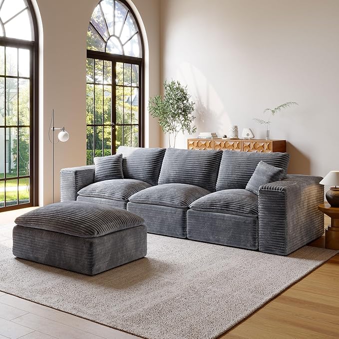 108 Cloud Sectional Couch with L-Shape Chaise Upholstered Couches for Living Room Bedroom Modern Modular Sofa with Deep Seat No Assembly Required Ottoman Movable (Grey)