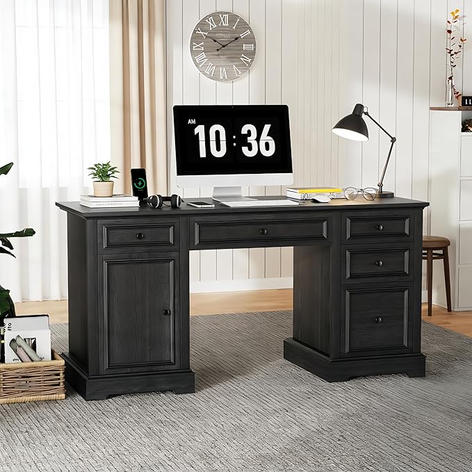 Vipbear 60 Farmhouse Executive Desk with Drawers and Cabinet Embossed Texture Wood Home Office Desk Rustic Computer Writing Desk Workspace for Work Study Writing Black