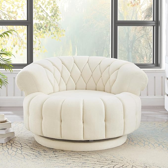 360° Swivel Accent Chair Chenille Fabric Barrel Swivel Chair Round Club Chair with Curved Armrests &amp Thick Cushioning Stylish Channel-Tufted &amp Diamond-Quilted Backrest for Living Room (Beige