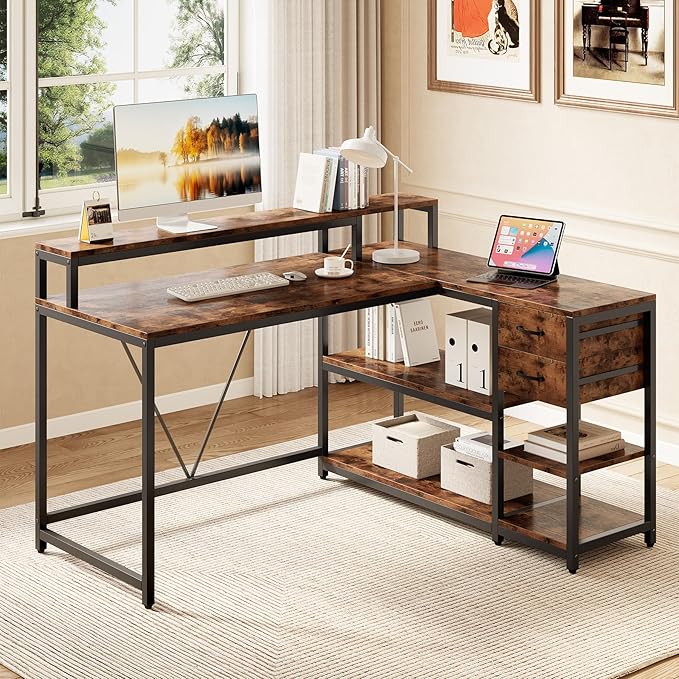 LITTLE TREE 55-Inch L-Shaped Computer Desk Reversible Computer Desk with Drawers and Storage Shelves Corner Desk Gaming Desk Work Desk for Home Office Rustic