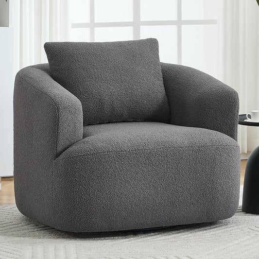 360° Rotating Round Plush Chair with Removable Pillow - High-Resilience Foam &amp Spring Support No-Assembly Teddy Velvet Armless Sofa for Living Room/Bedroom (Dark Grey)