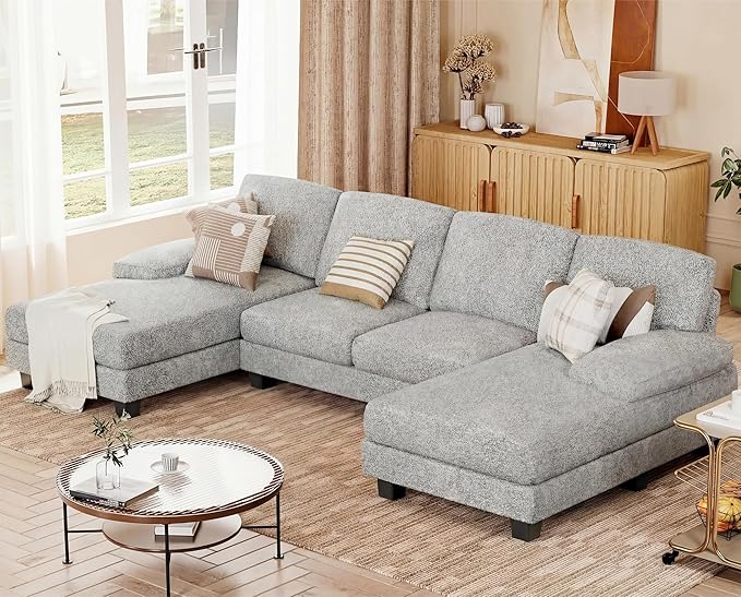 JUMMICO Sectional Couches for Living Room U Shaped Couch with Chenille Fabric 4 Seat Modern Sofa with Removable Pillows for Apartment and Small Space (Loop Yarn Pearl Gray)