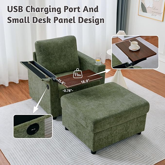 34.25 Accent Chairs with Storage Ottoman Set Upholstered Living Room Chairs for Reading Chair with Chaise Lounge Chairs Indoor Comfortable Armchair for Bedroom (Green 34.25)