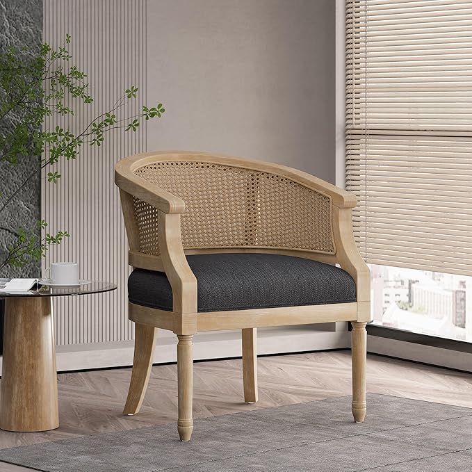 French Country Accent Chair for Living Room Mid Century Modern Reading Armchair with Cushion and Slender Turned Legs Single Sofa Chair with Rattan Backrest for Bedroom Club Charcoal